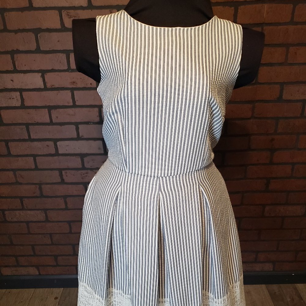 Madison Leigh Blue Seersucker dress with Lace trim